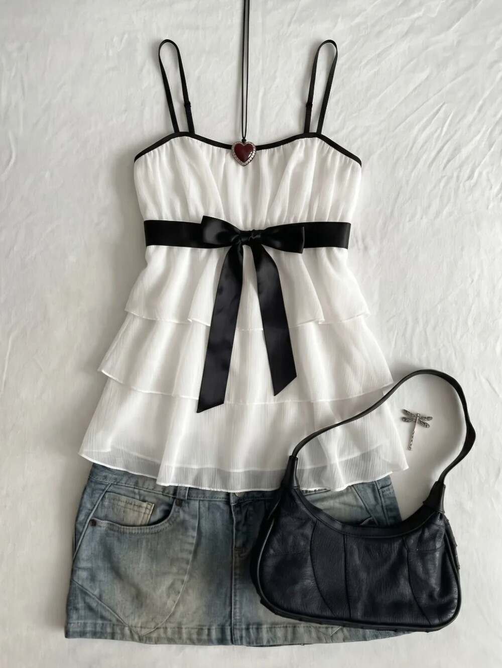 White Chiffon Camisole with Contrast Shoulder Straps, Bow Tie Ties, Cake Layer